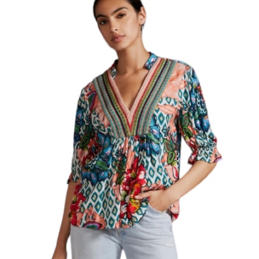 Anthropologie Bl^nk Stephanie Embroidered V-Neck Floral Ikat Top - XXS